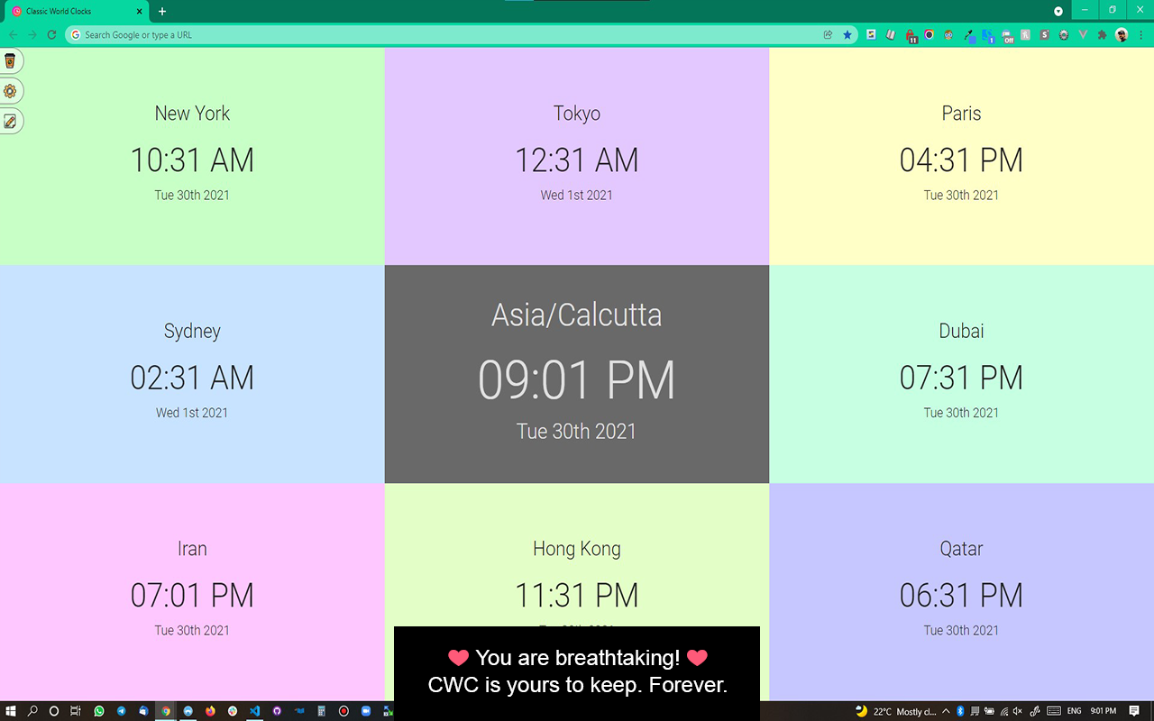 World Clocks Extension - Screenshot